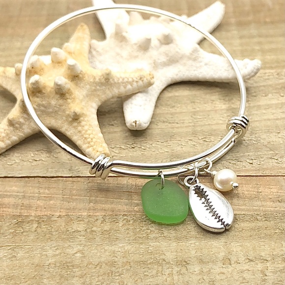 Artisan Jewelry - Sea Glass And Pearl Shell Charm Bracelet| Genuine Seaglass Jewelry Gift For Her